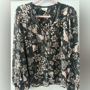 Elan Sheer Black Floral Button Front Blouse | Long Sleeve Boho Top